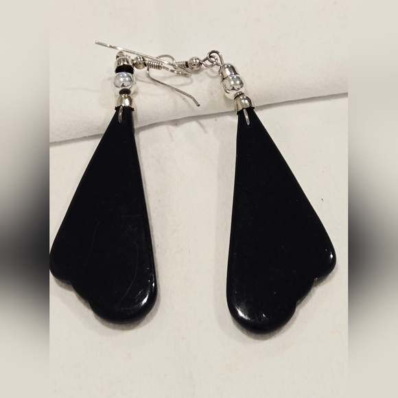 Art Deco-Style Black Lucite and Silver Tone Dangle Earrings - Picture 2 of 4